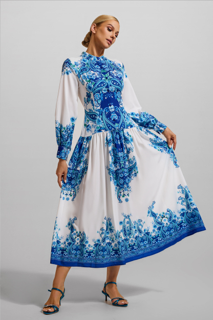 Paisley Print Round Neck Lantern Sleeve Midi Dress