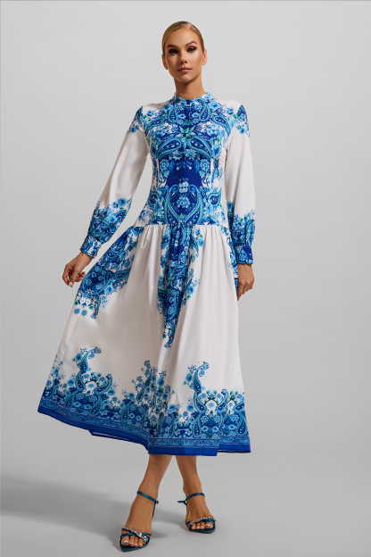 Paisley Print Round Neck Lantern Sleeve Midi Dress