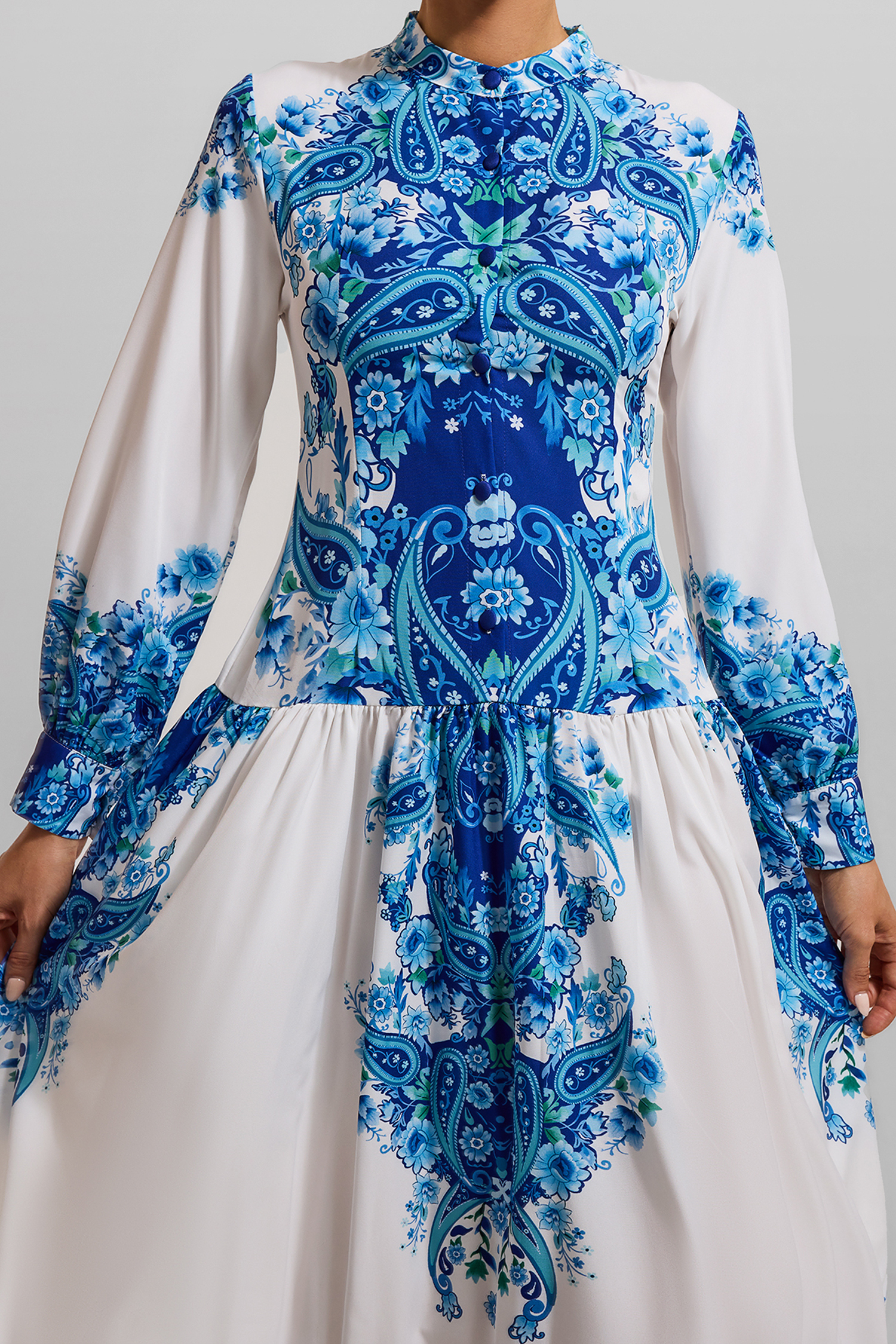Paisley Print Round Neck Lantern Sleeve Midi Dress