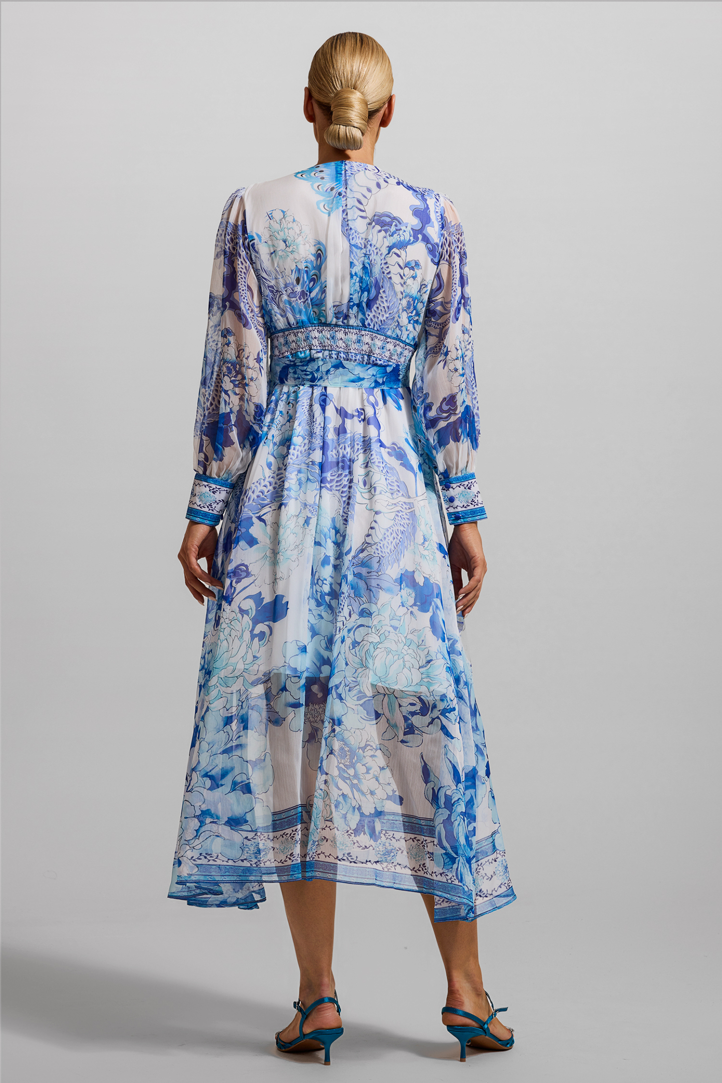 Dragon Print V-Neck Lantern Sleeve Midi Dress