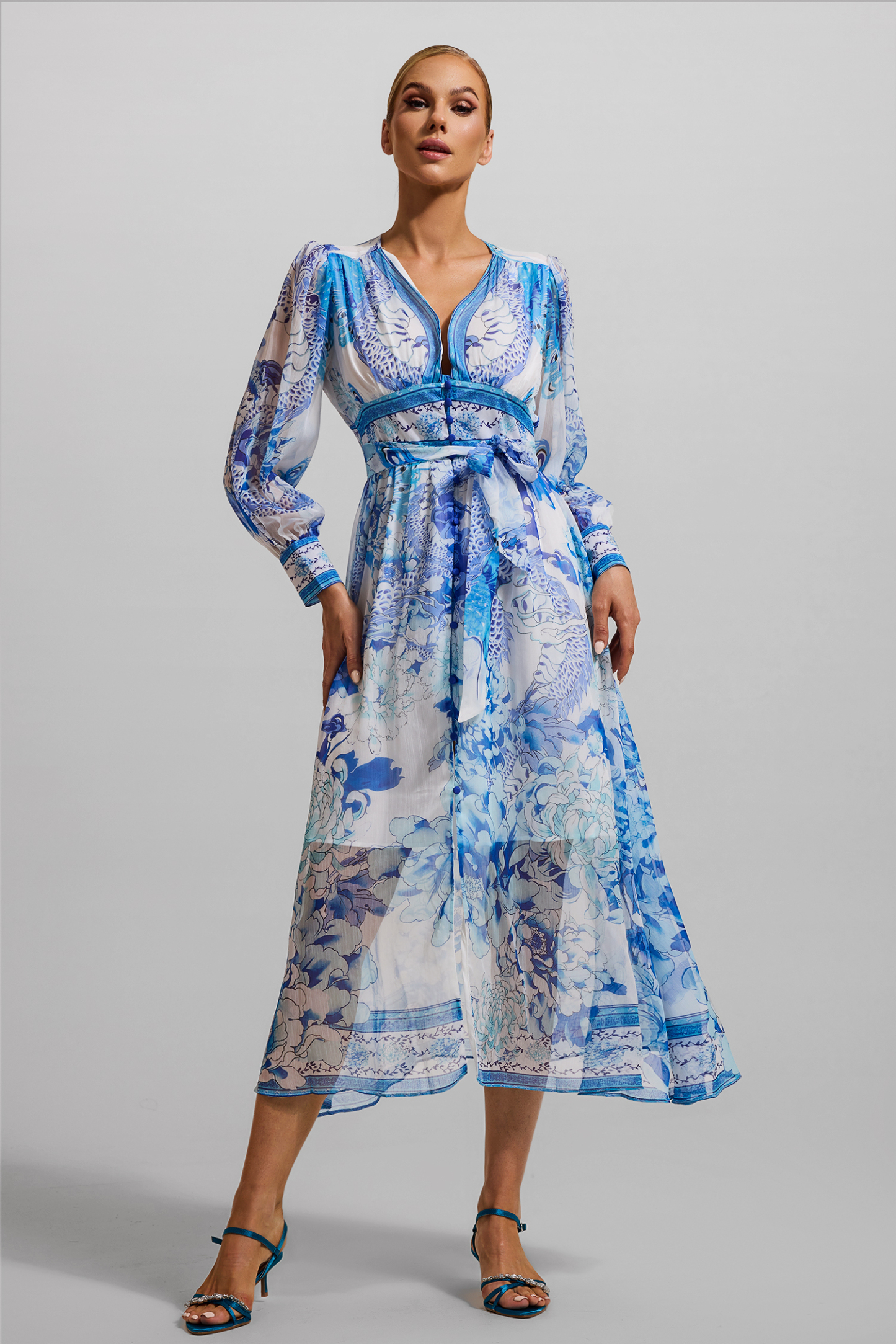 Dragon Print V-Neck Lantern Sleeve Midi Dress