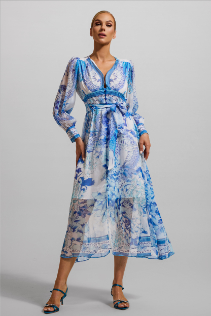 Dragon Print V-Neck Lantern Sleeve Midi Dress