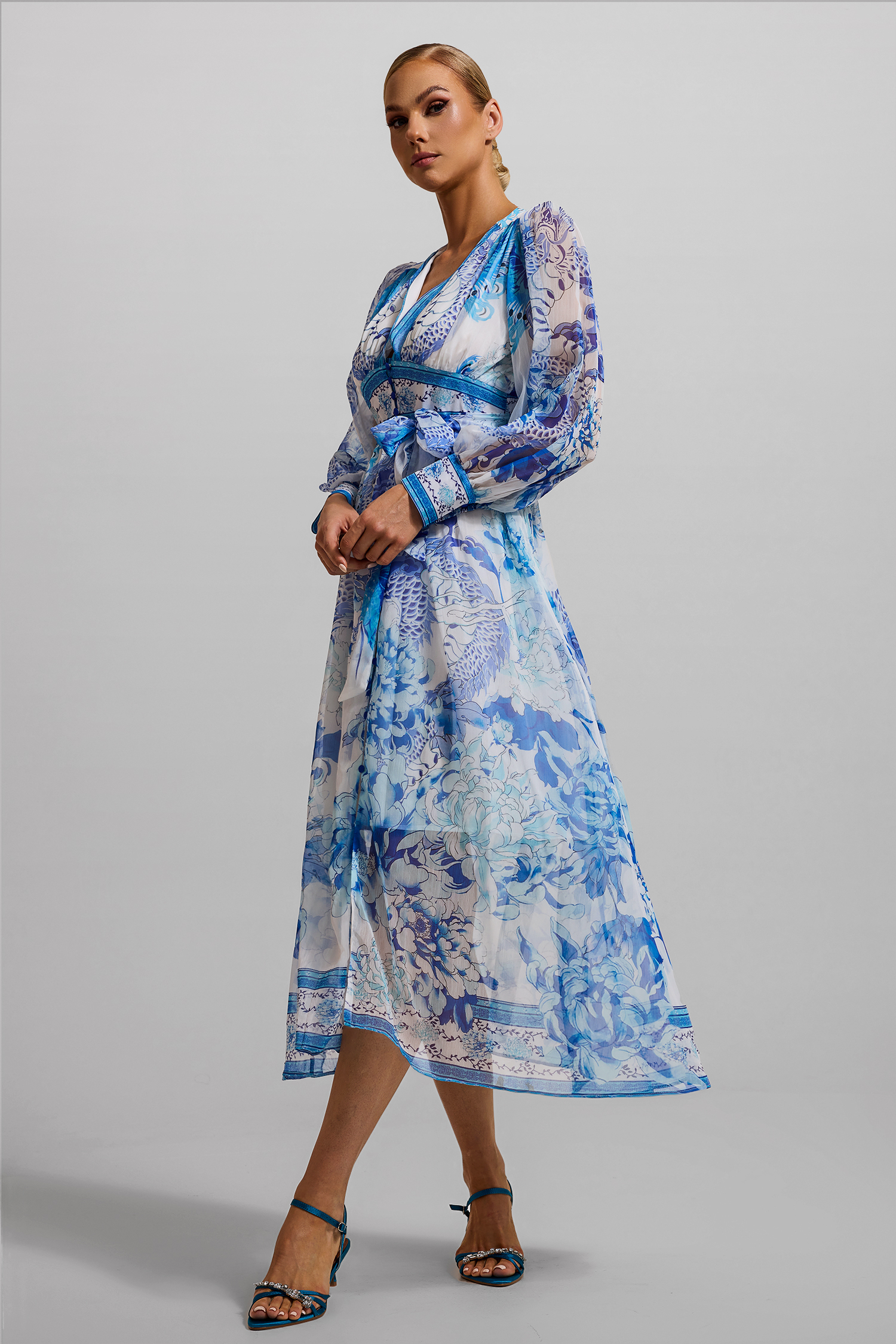 Dragon Print V-Neck Lantern Sleeve Midi Dress