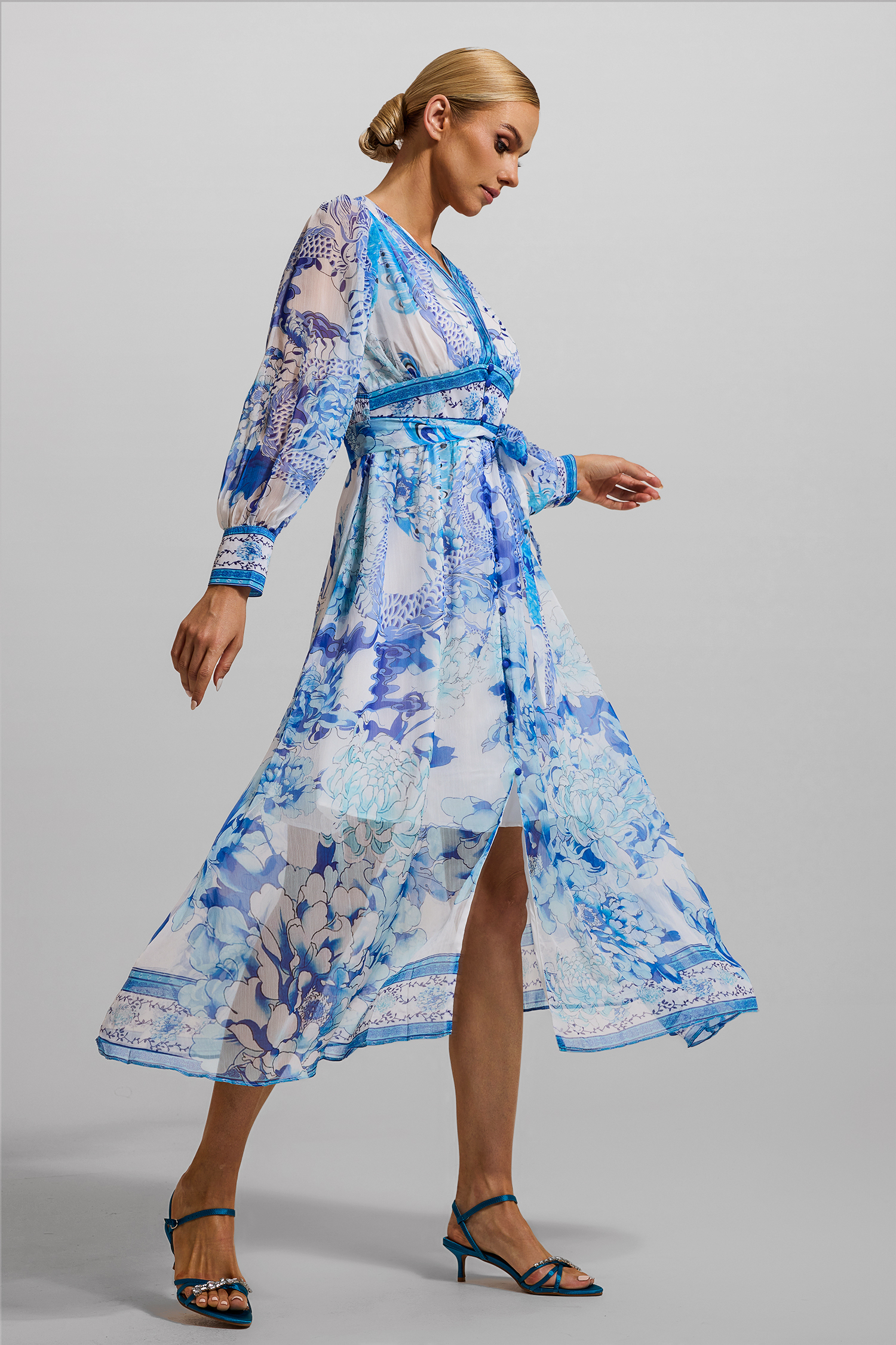 Dragon Print V-Neck Lantern Sleeve Midi Dress