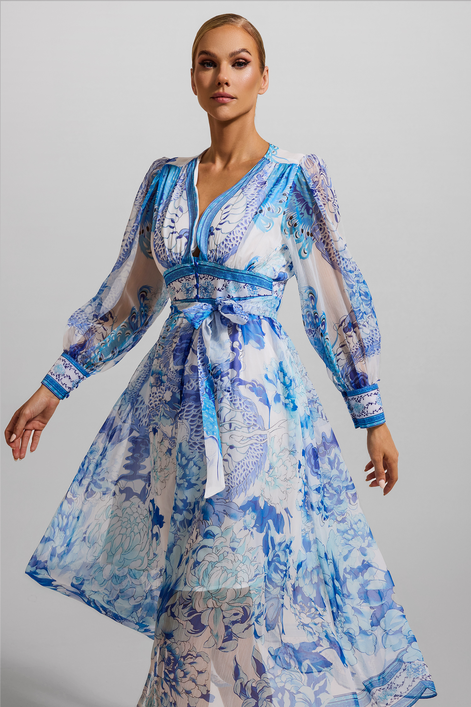 blue dragon print dress Blue Mesh Dragon Print Ruched Bodycon Dress  Missagi