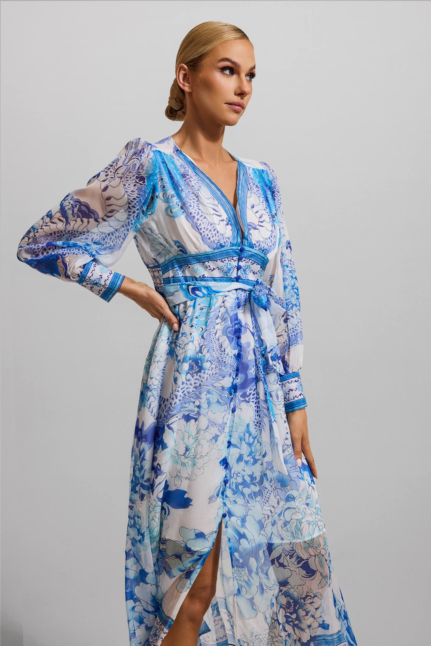 Dragon Print V-Neck Lantern Sleeve Midi Dress