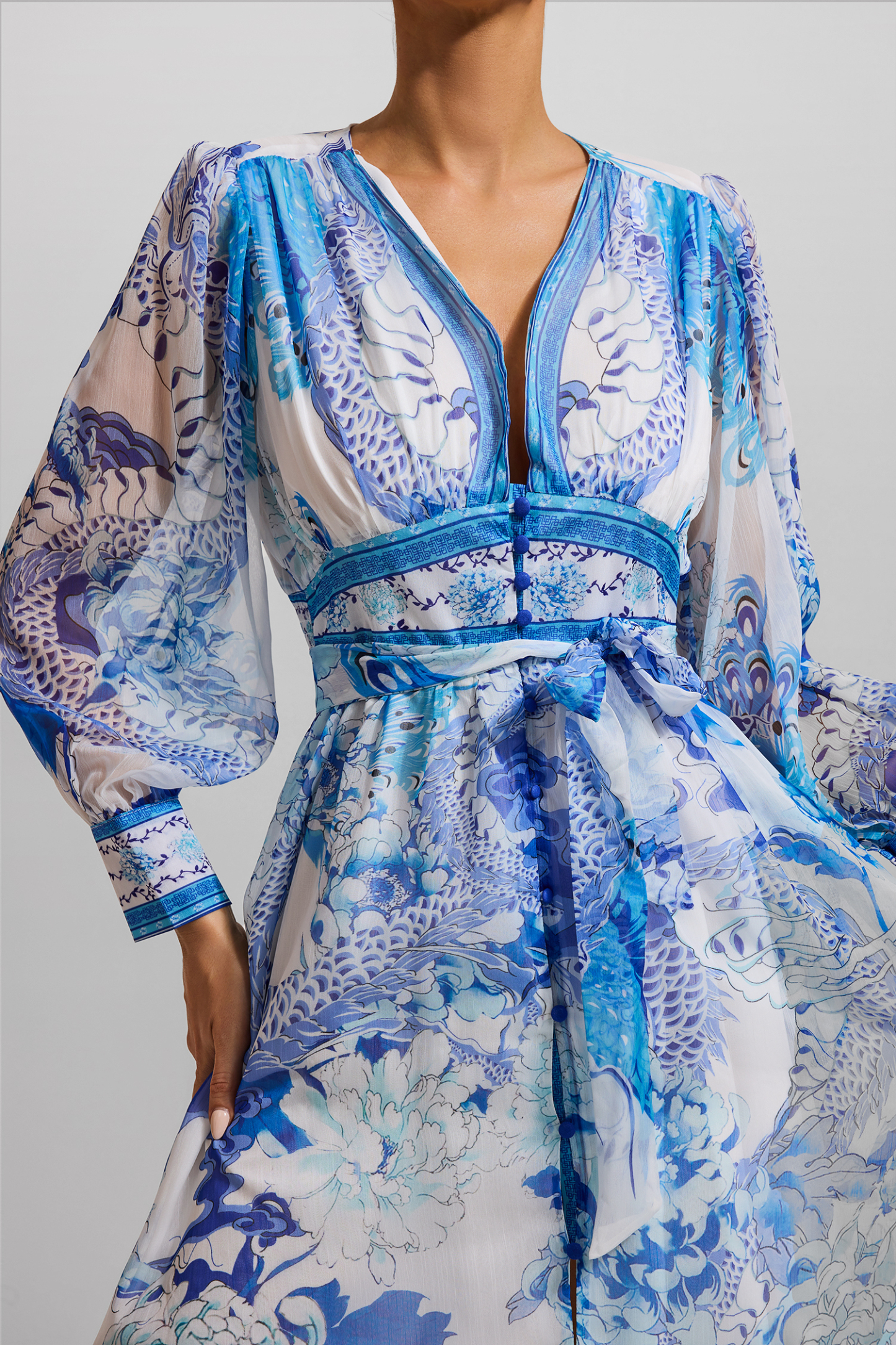 Dragon Print V-Neck Lantern Sleeve Midi Dress