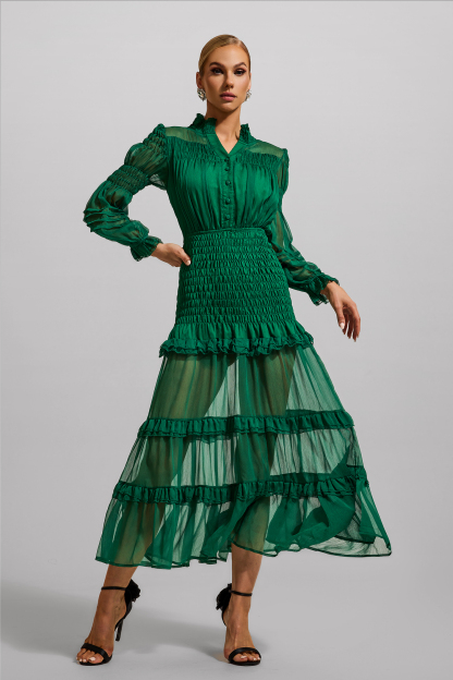 Chiffon Solid Smocking Maxi Dress