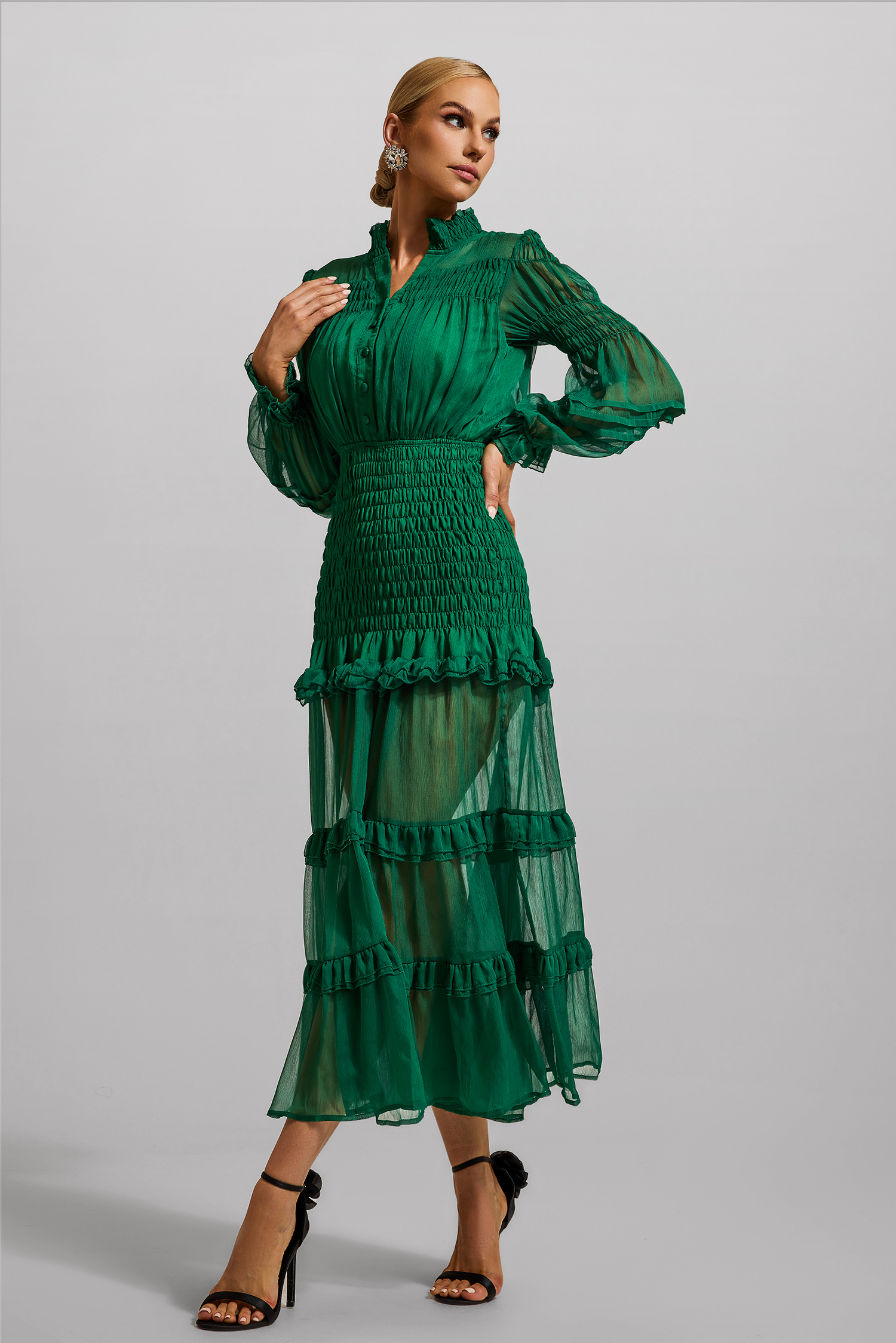 Chiffon Solid Smocking Maxi Dress