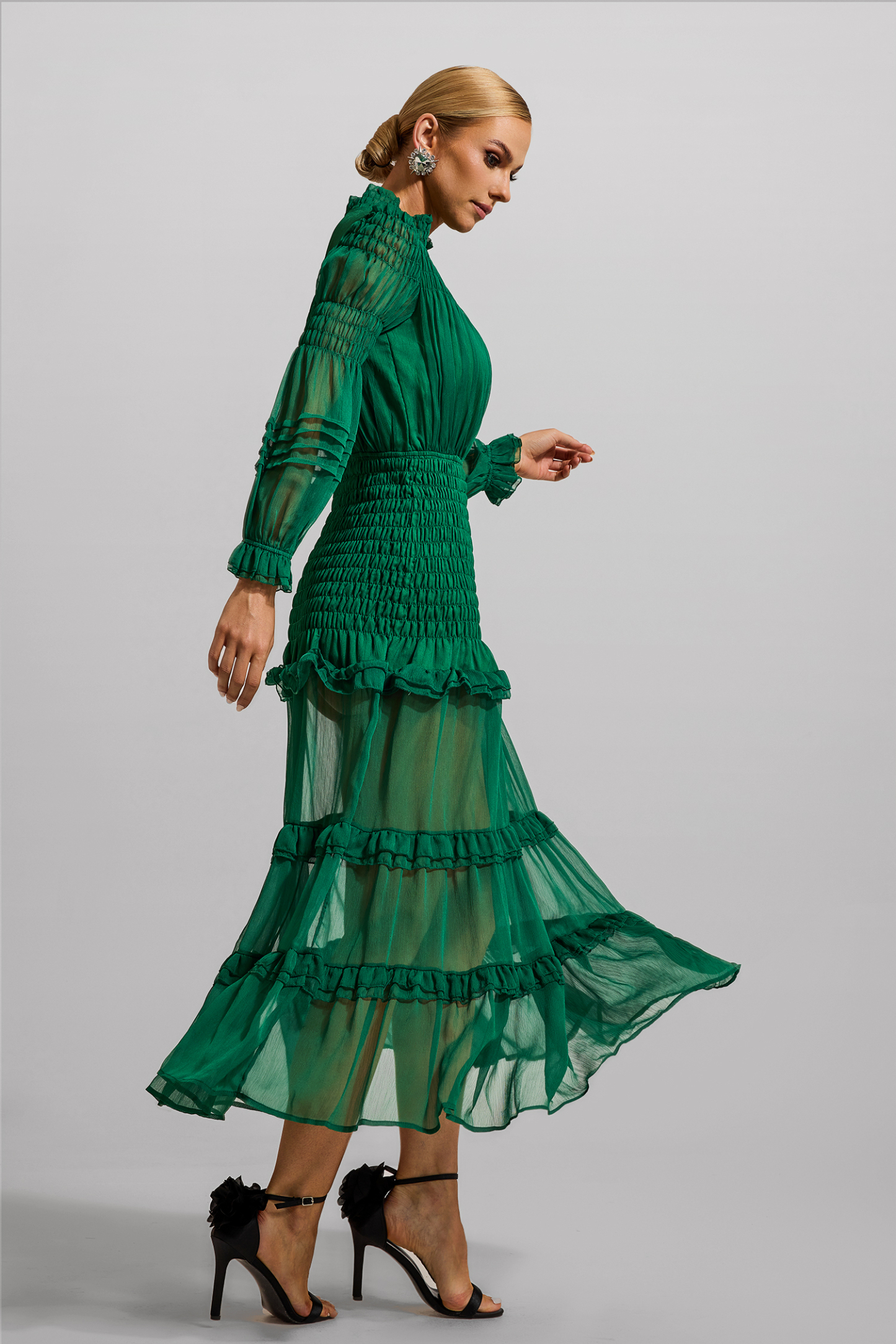 Chiffon Solid Smocking Maxi Dress