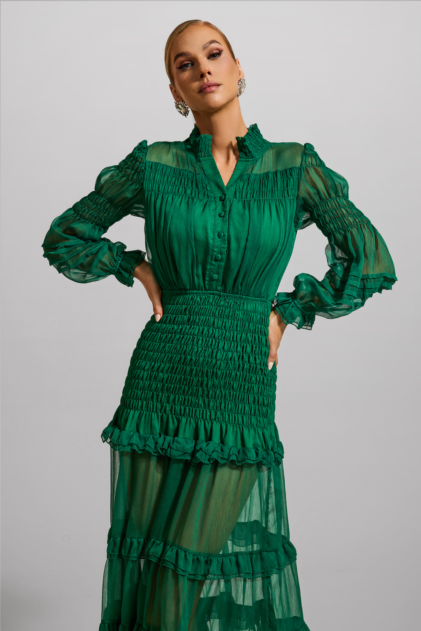 Chiffon Solid Smocking Maxi Dress