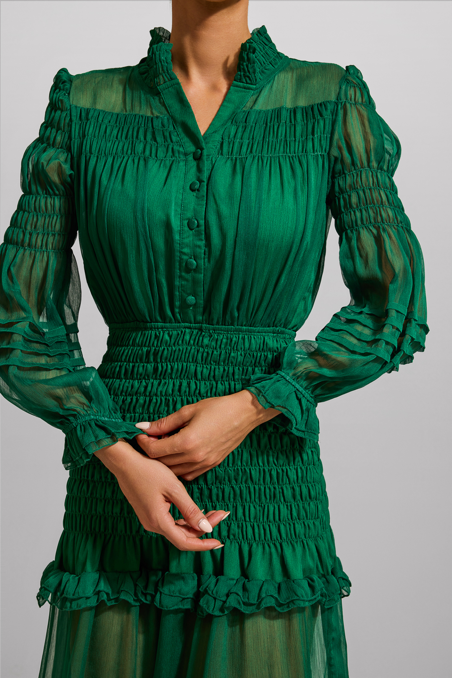 Chiffon Solid Smocking Maxi Dress