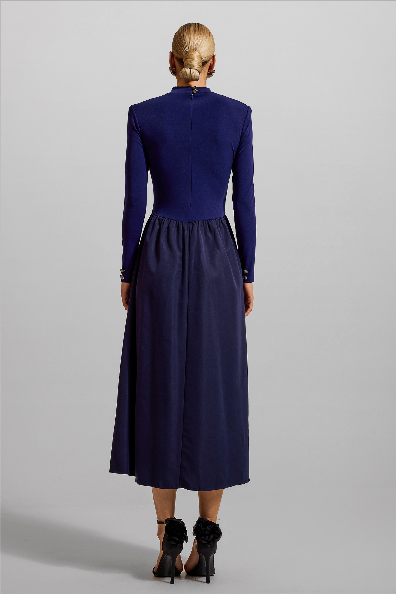 Solid High Neck Button Midi Dress