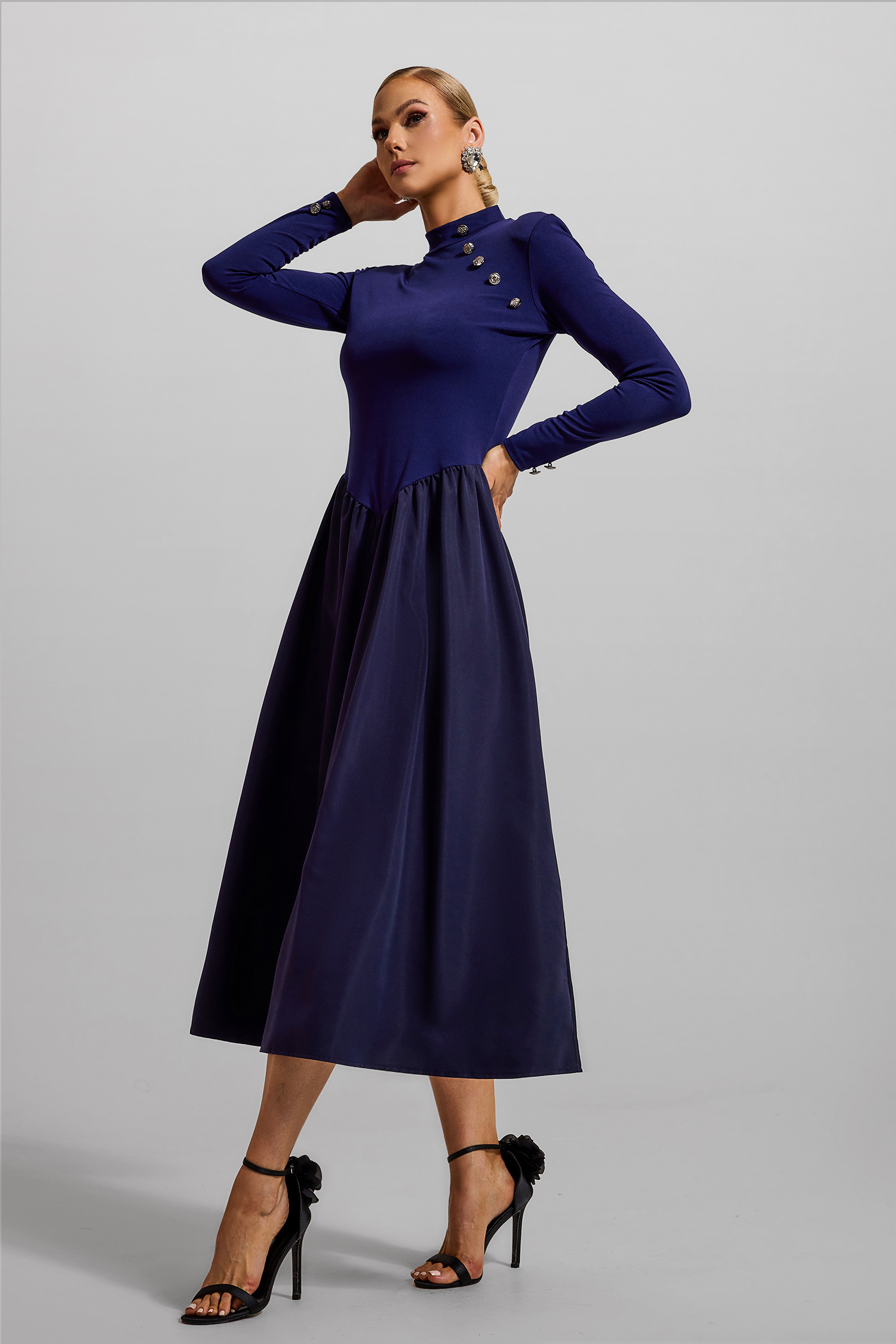 Solid High Neck Button Midi Dress