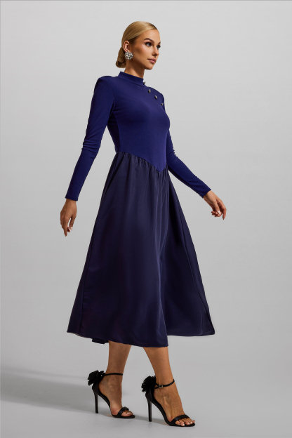 Solid High Neck Button Midi Dress