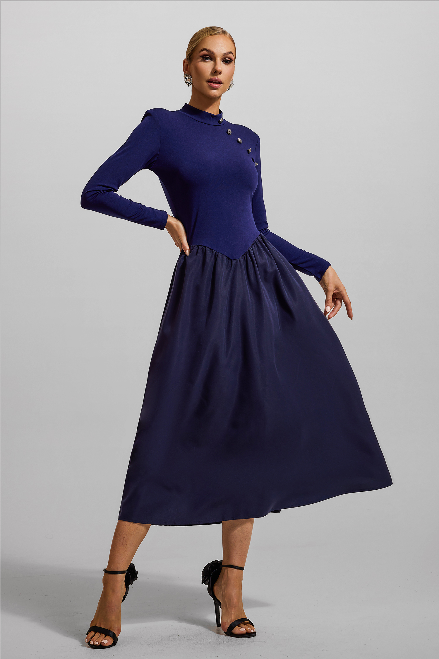 Solid High Neck Button Midi Dress