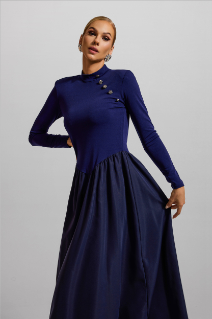 Solid High Neck Button Midi Dress
