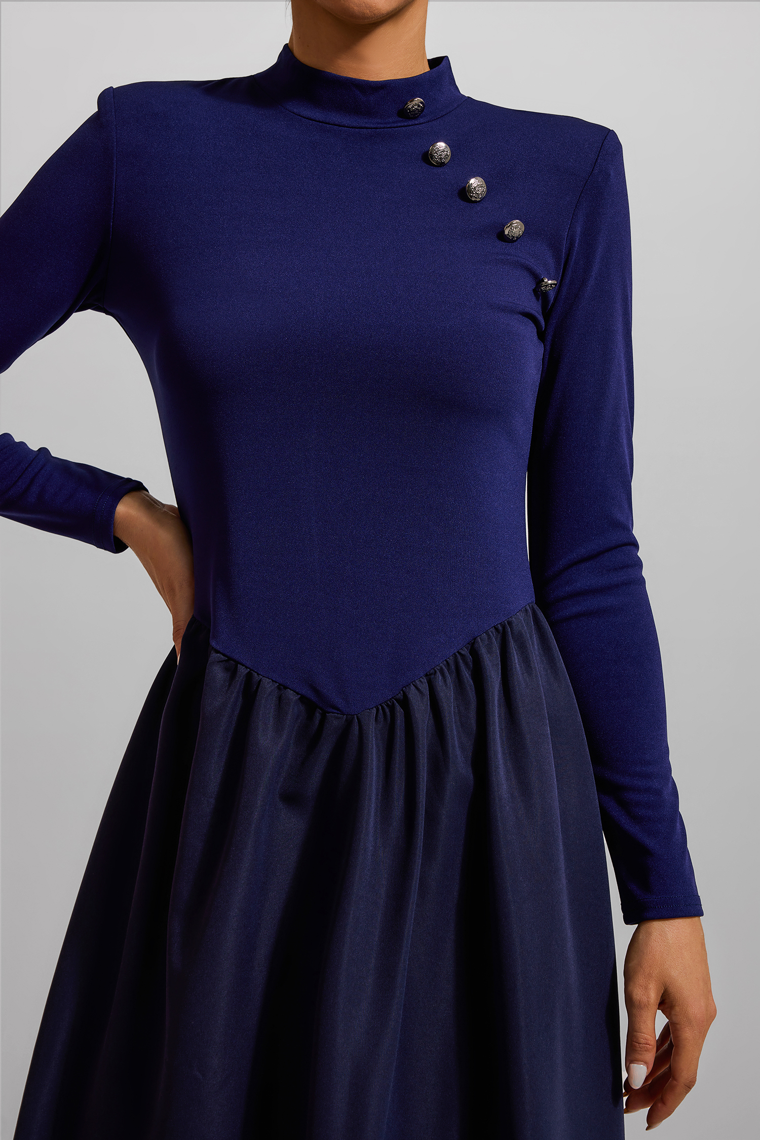 Solid High Neck Button Midi Dress