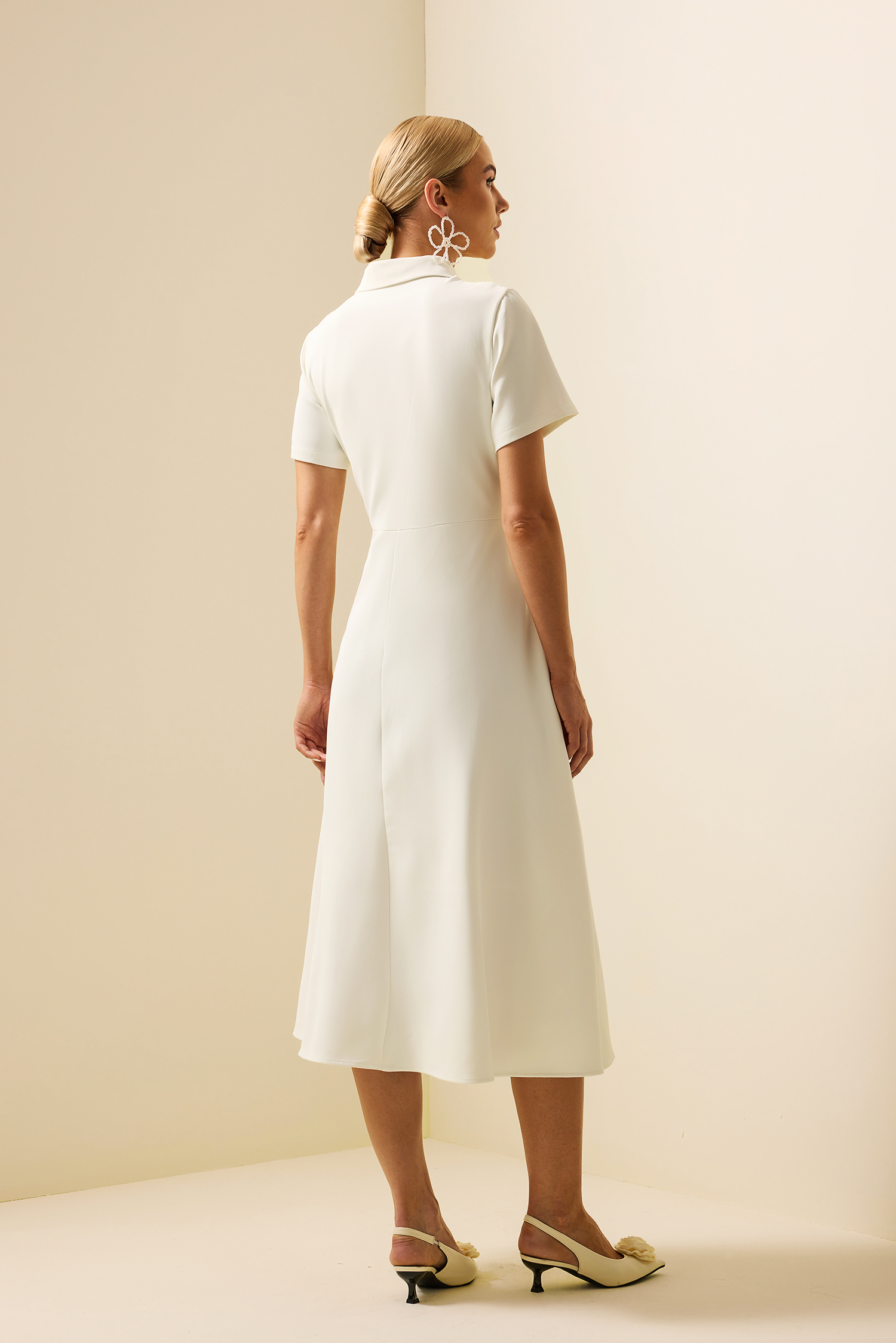 3D Floral Shirt Collar Short Sleeve Midi Dress