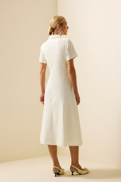 3D Floral Shirt Collar Short Sleeve Midi Dress