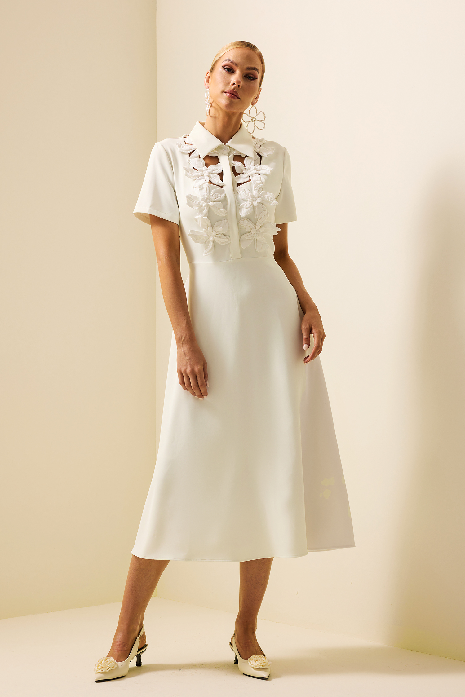 3D Floral Shirt Collar Short Sleeve Midi Dress
