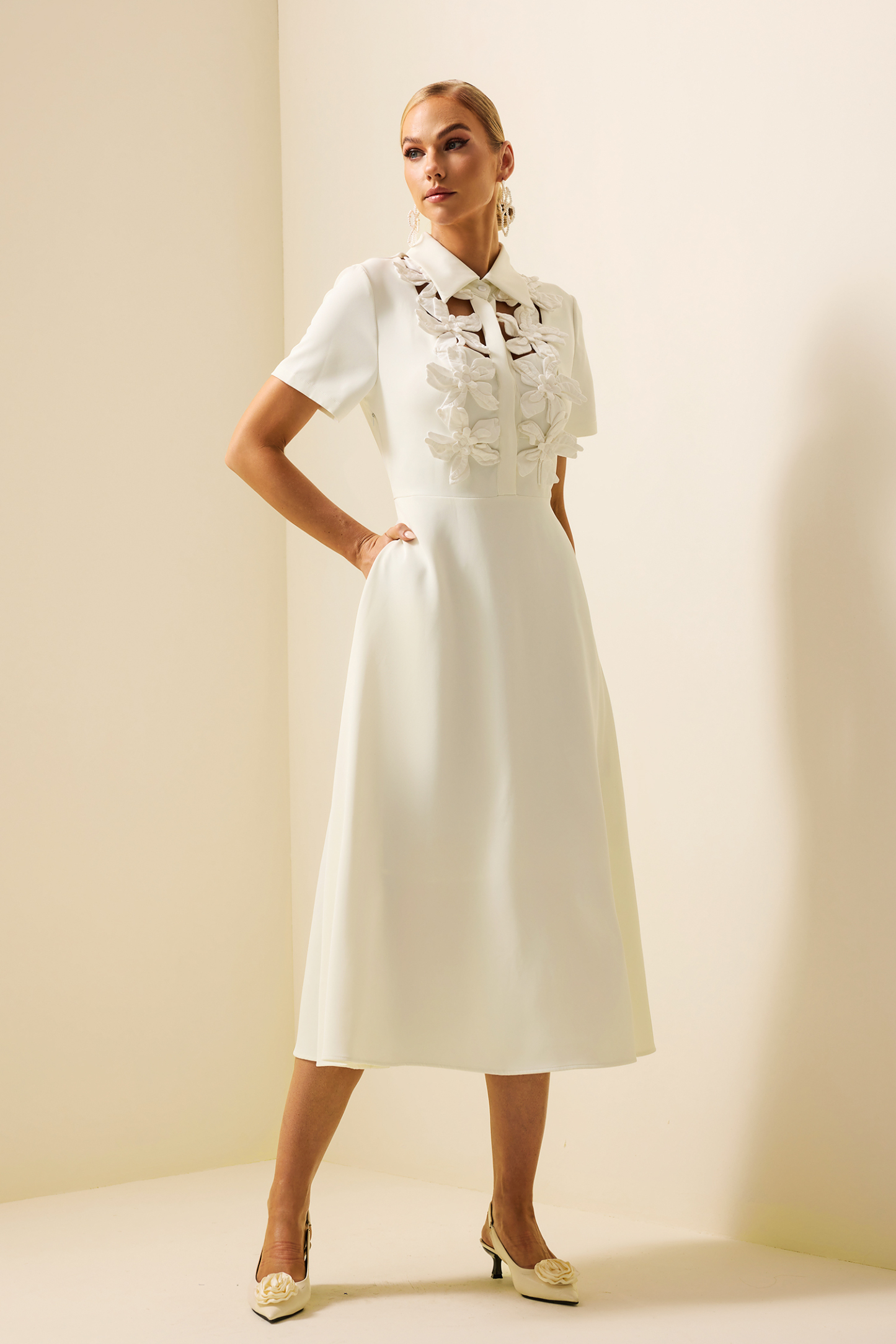 3D Floral Shirt Collar Short Sleeve Midi Dress