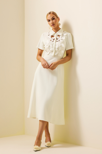 3D Floral Shirt Collar Short Sleeve Midi Dress