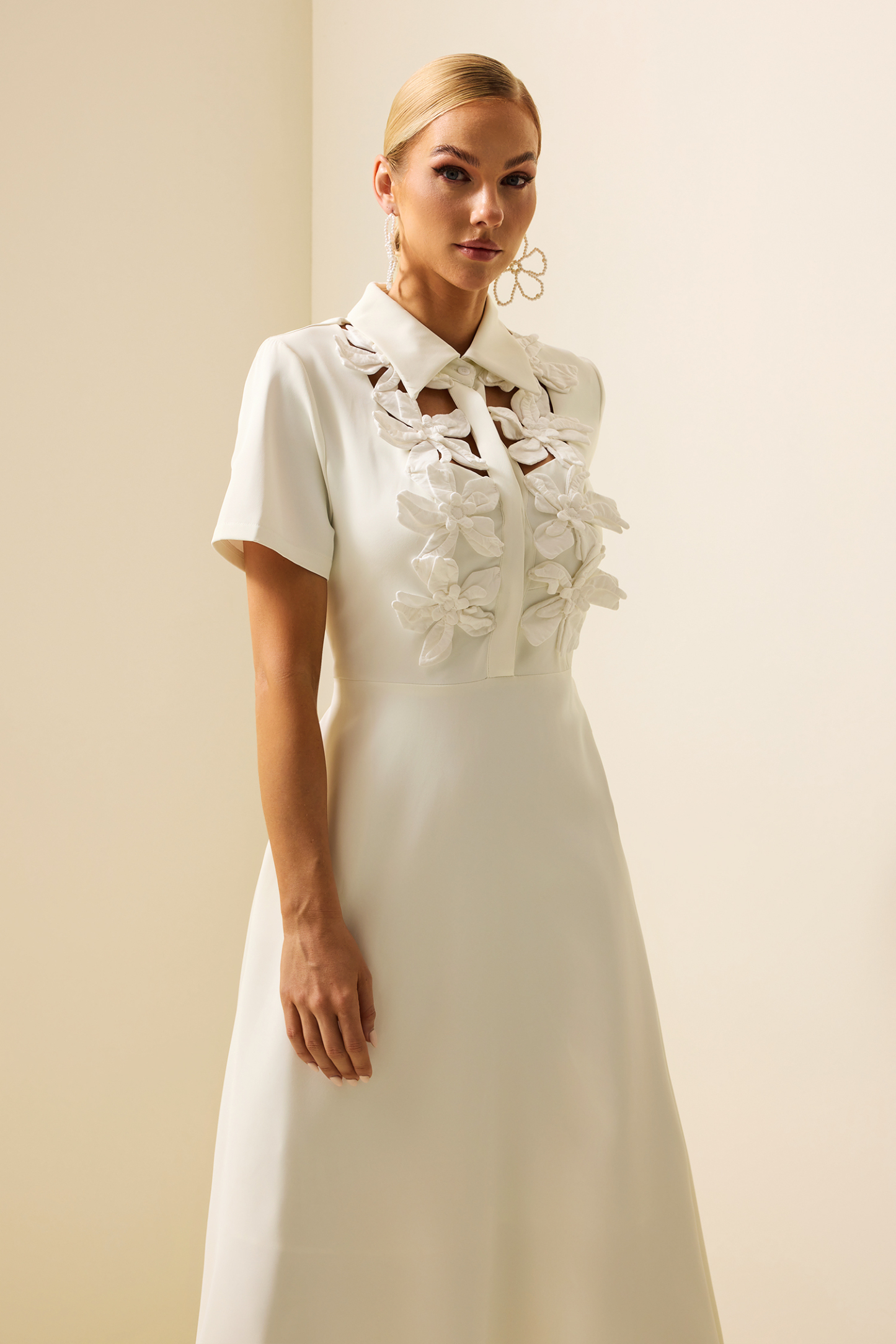 3D Floral Shirt Collar Short Sleeve Midi Dress