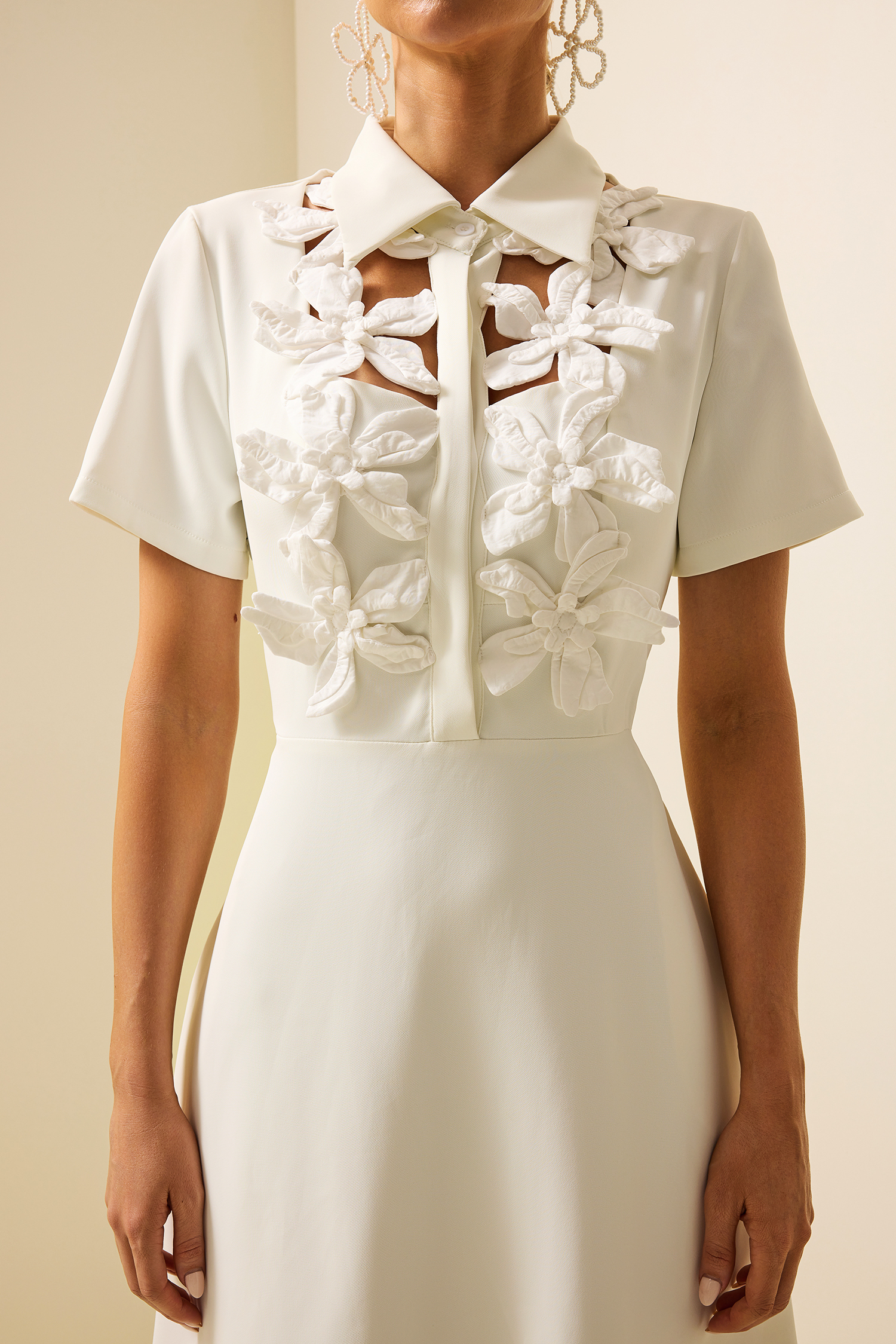 3D Floral Shirt Collar Short Sleeve Midi Dress