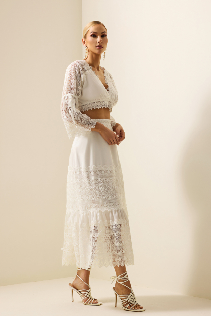 Lace Embroidered Mini Top & High Waist Midi Skirt Set