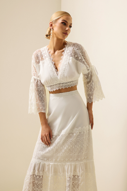 Lace Embroidered Mini Top & High Waist Midi Skirt Set