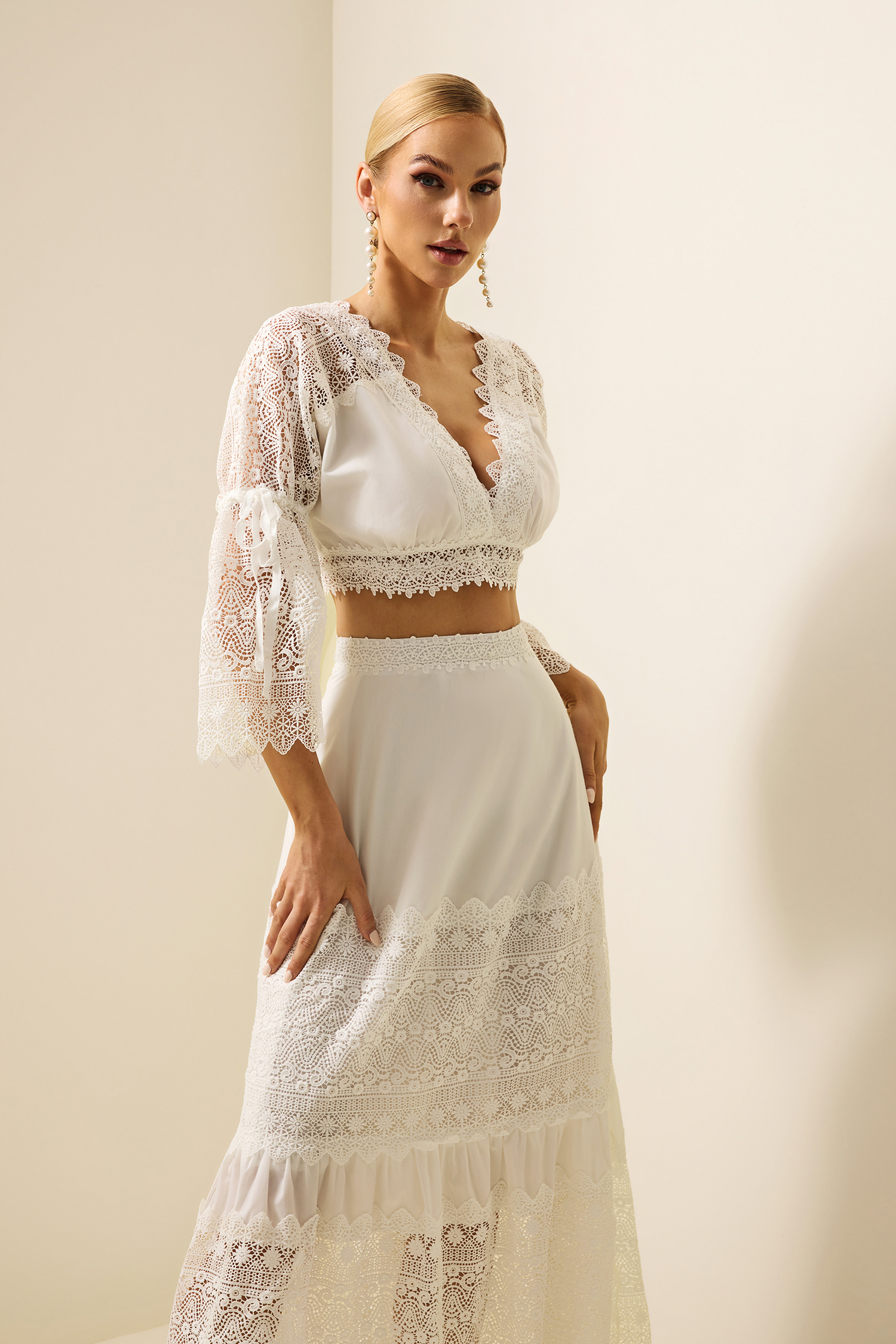 Lace Embroidered Mini Top & High Waist Midi Skirt Set