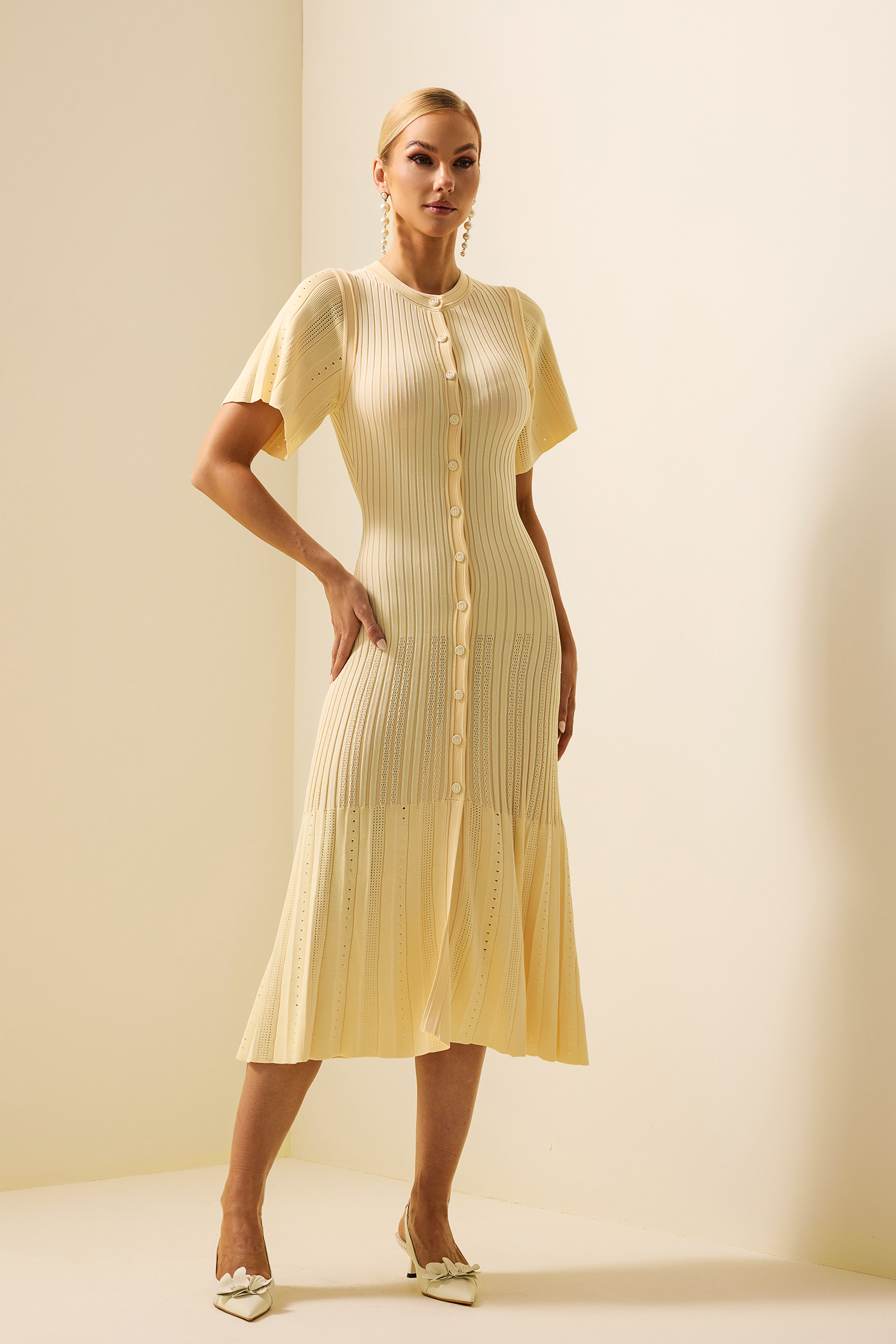 Jersey Button Splicing Midi Dress Yellow