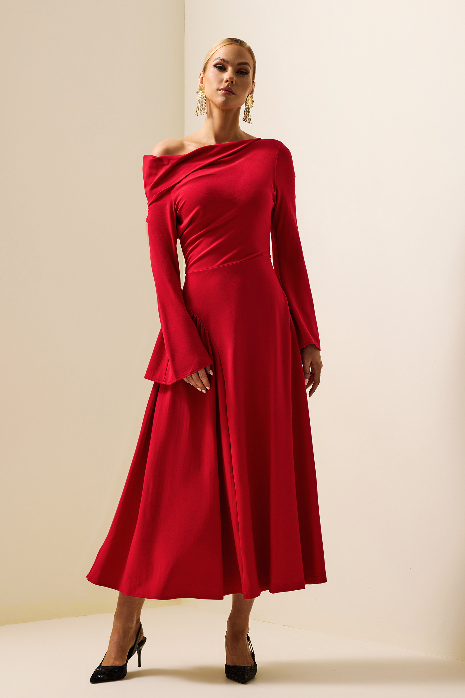 Off-Shoulder Ruched Ball Sleeve Midi Dress
