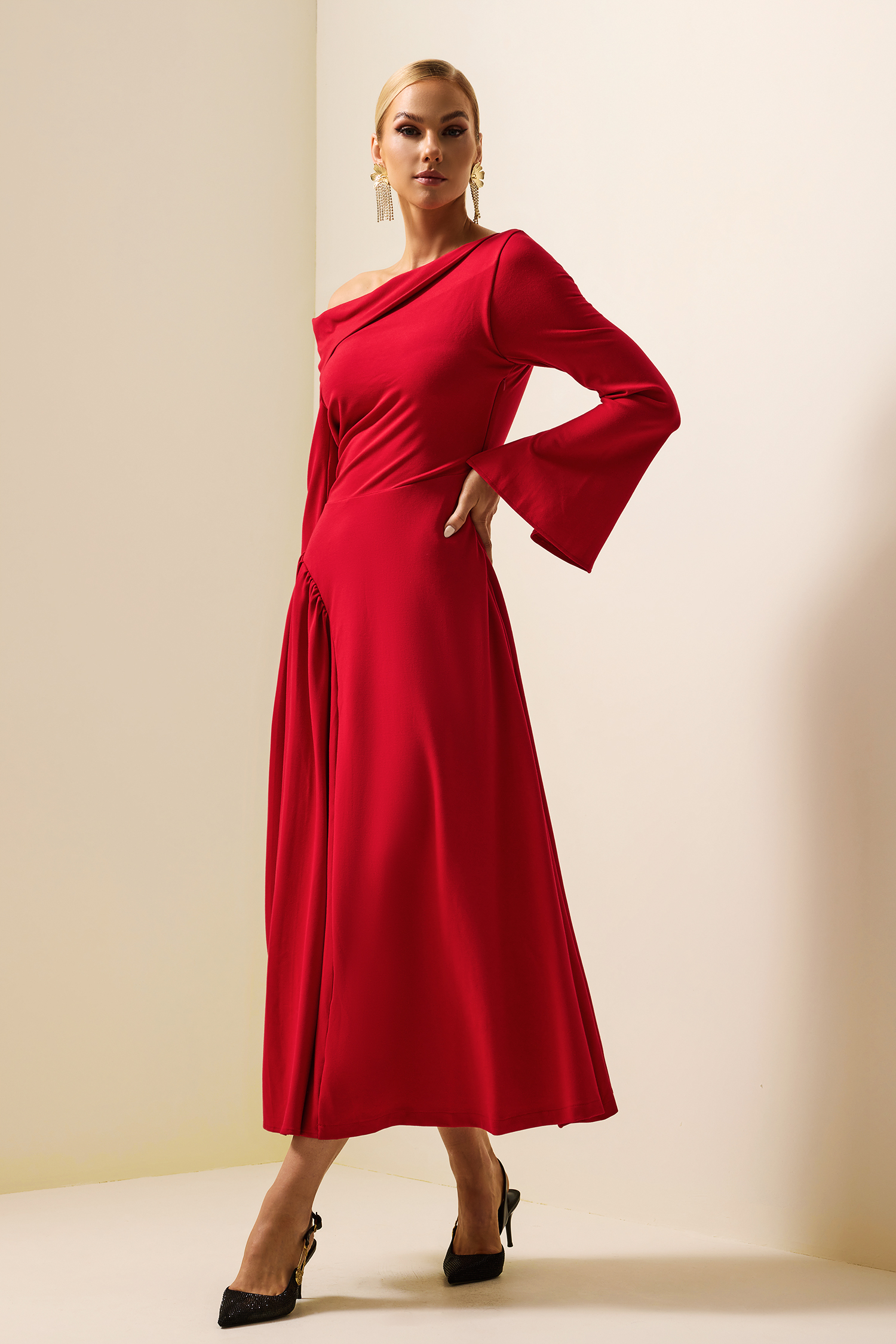 Off-Shoulder Ruched Ball Sleeve Midi Dress