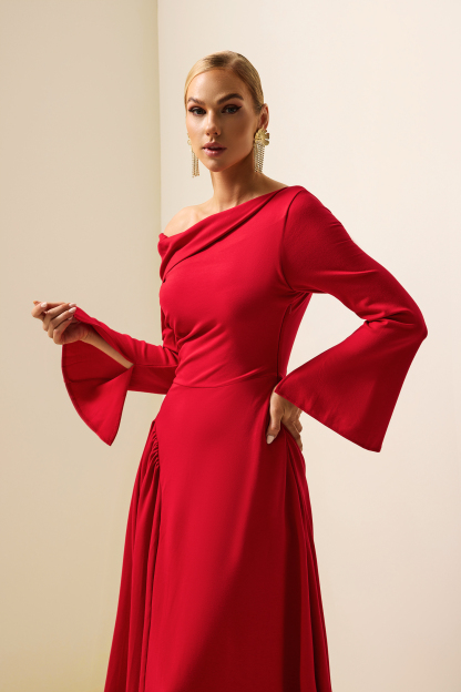 Off-Shoulder Ruched Ball Sleeve Midi Dress