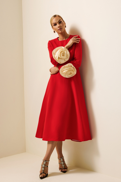 3D Flower Round Neck Long Sleeve Midi Dress