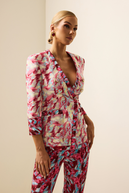 Feather Print V-Neck Long Sleeve Blazer