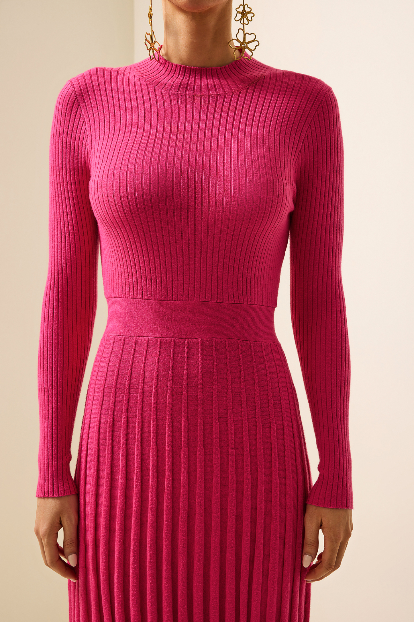 Solid Knit Pleated Long Sleeve Midi Dress