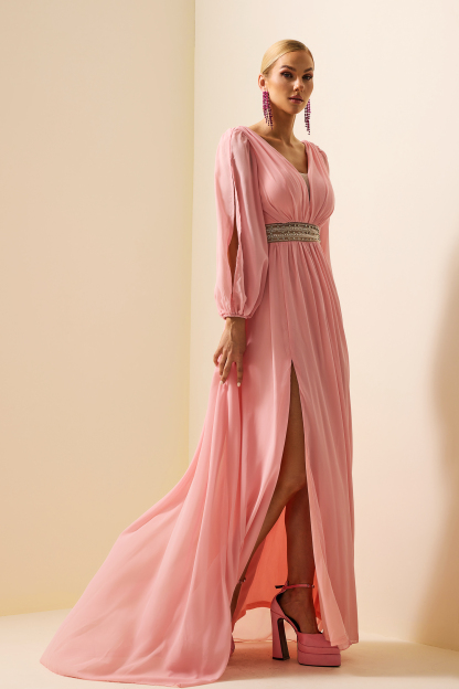 Solid Rhinestone Lantern Sleeve Maxi Dress