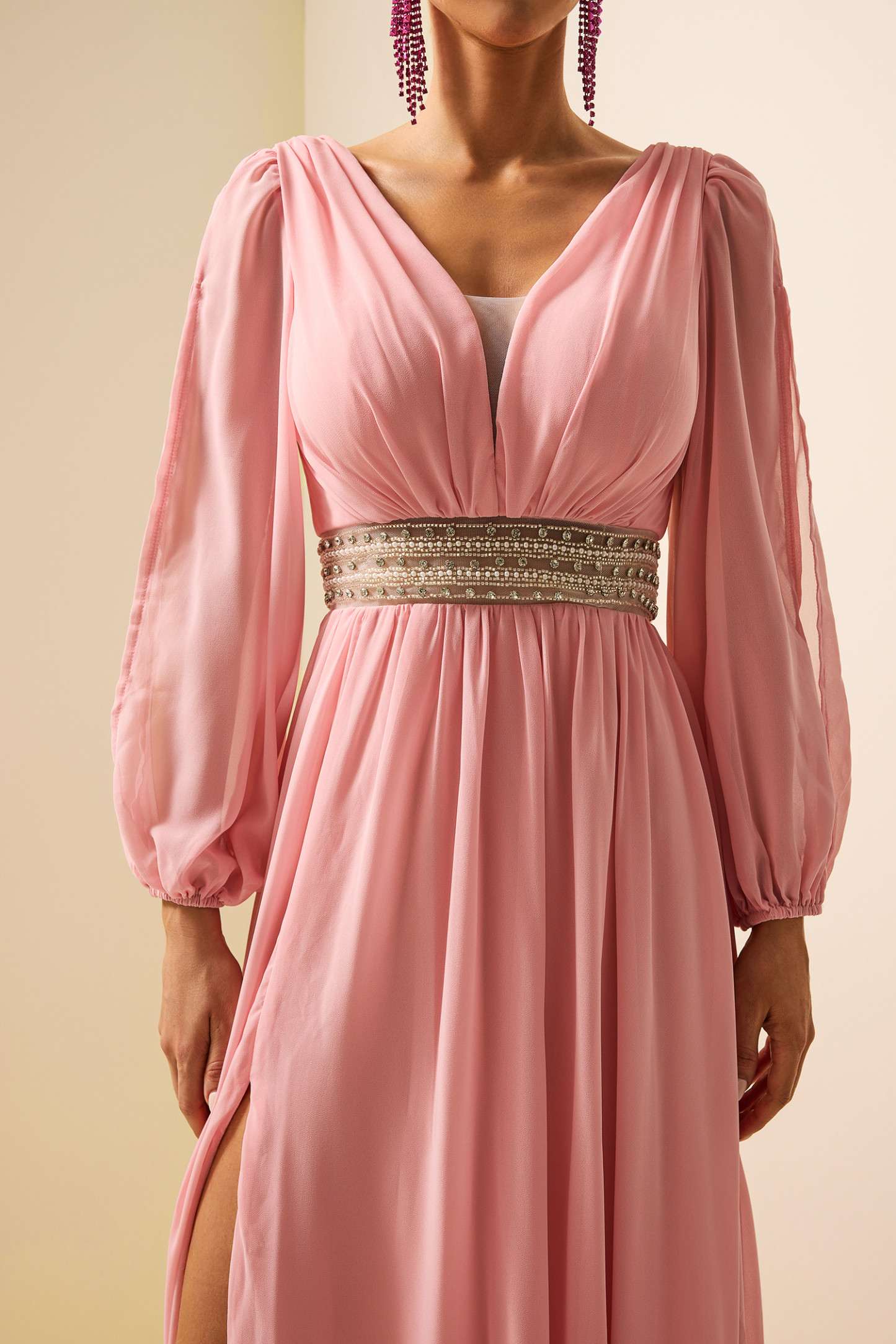 Solid Rhinestone Lantern Sleeve Maxi Dress