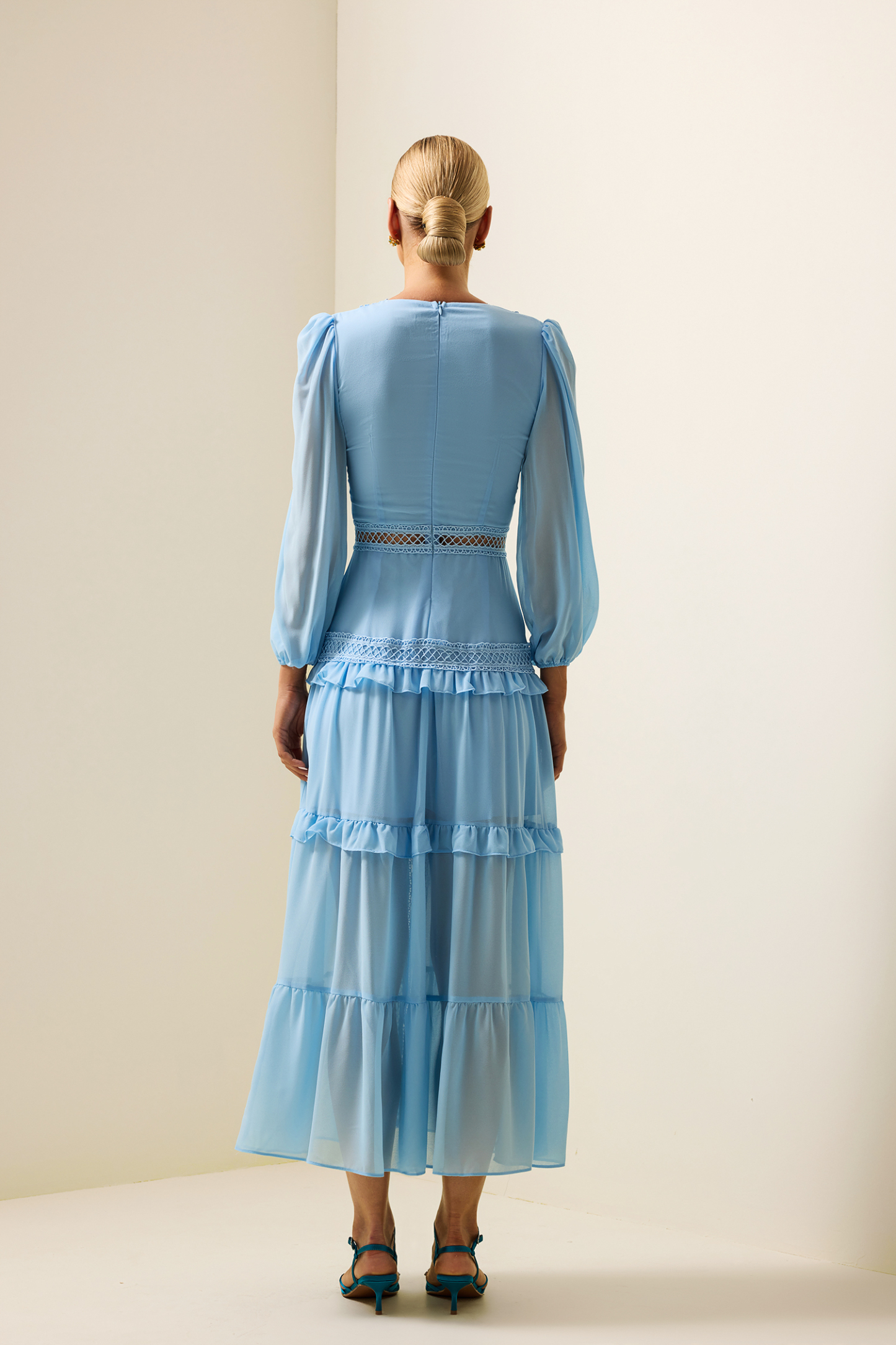 Solid Lace V-Neck Frill Midi Dress Blue