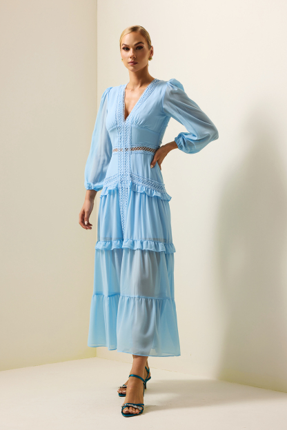 Solid Lace V-Neck Frill Midi Dress Blue