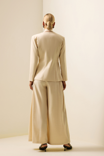 Solid Mid Sleeve Bottom Blazer ＆ High Waist Wide Leg Pants Set With Belt