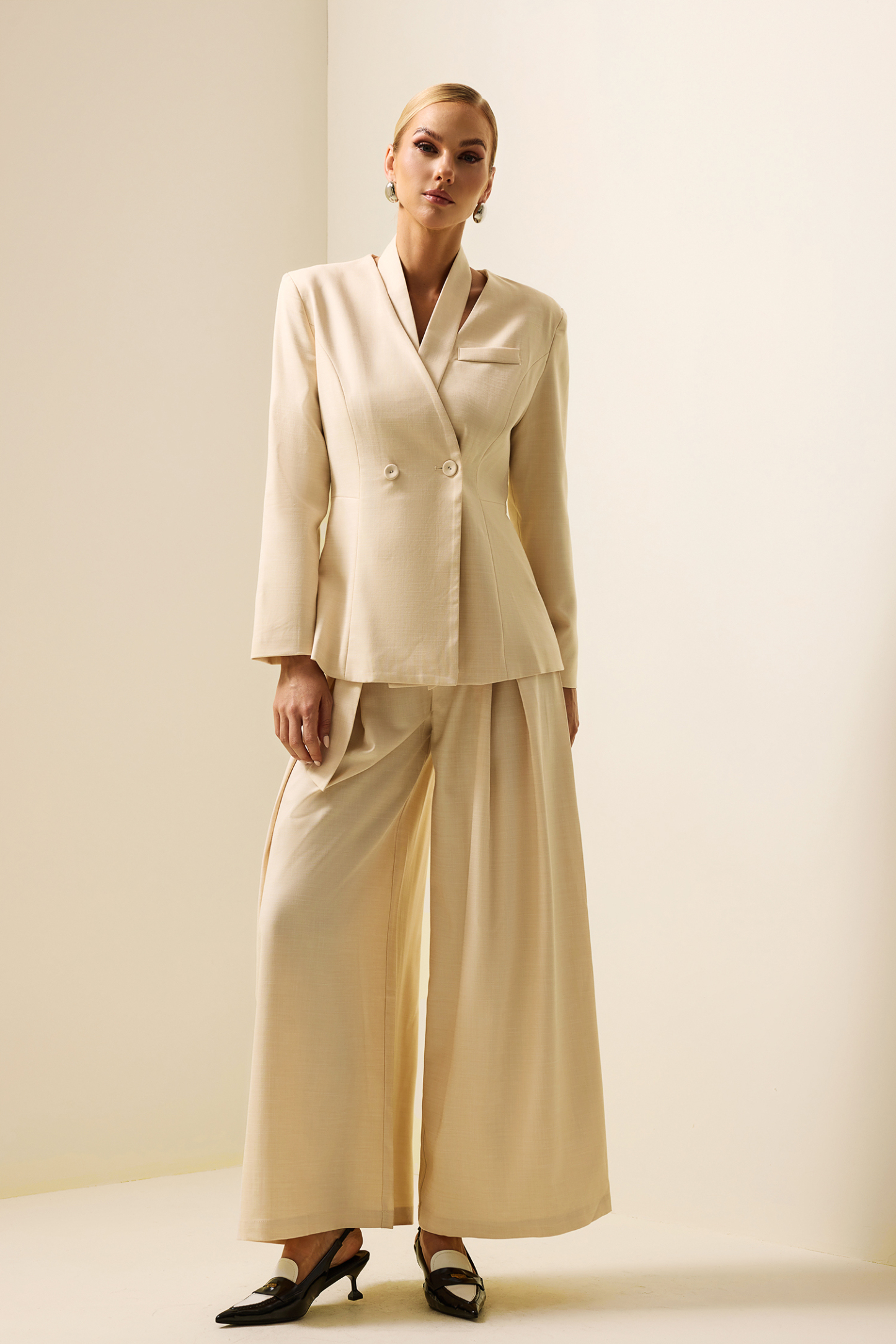 Solid Mid Sleeve Bottom Blazer ＆ High Waist Wide Leg Pants Set With Belt