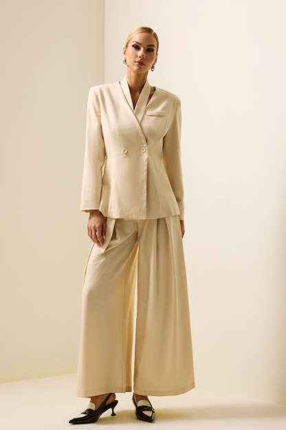 Solid Mid Sleeve Bottom Blazer ＆ High Waist Wide Leg Pants Set With Belt