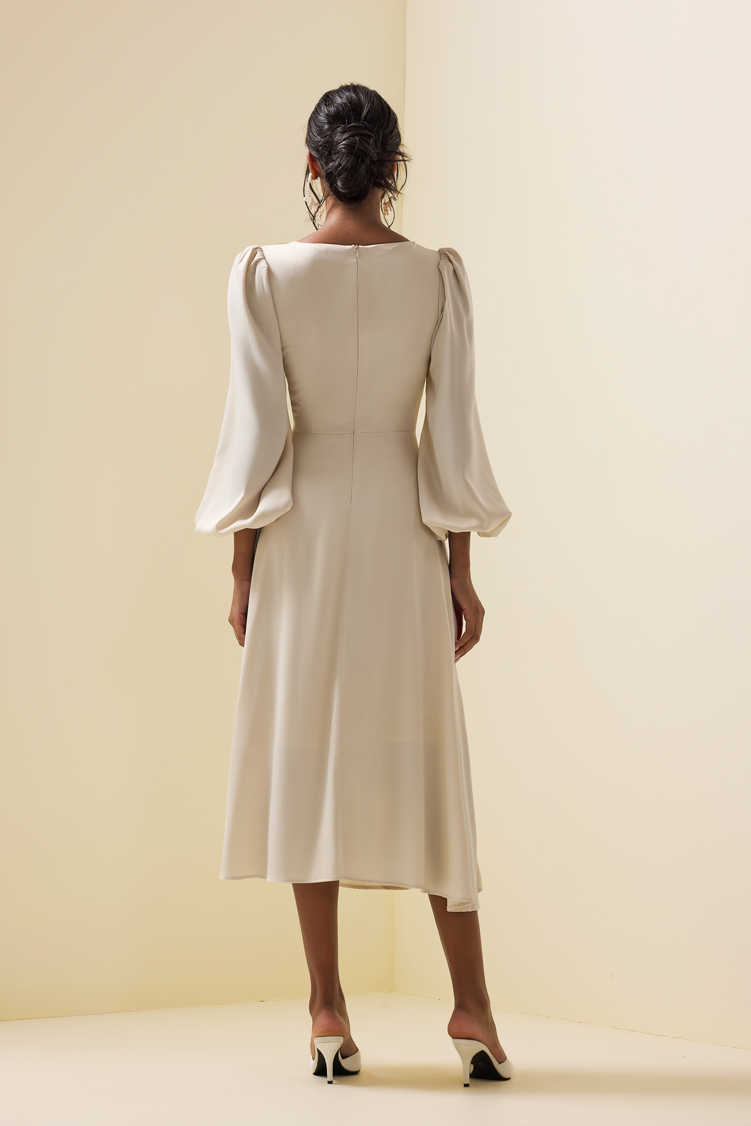 Faux Pearl Long Sleeve Midi Dress