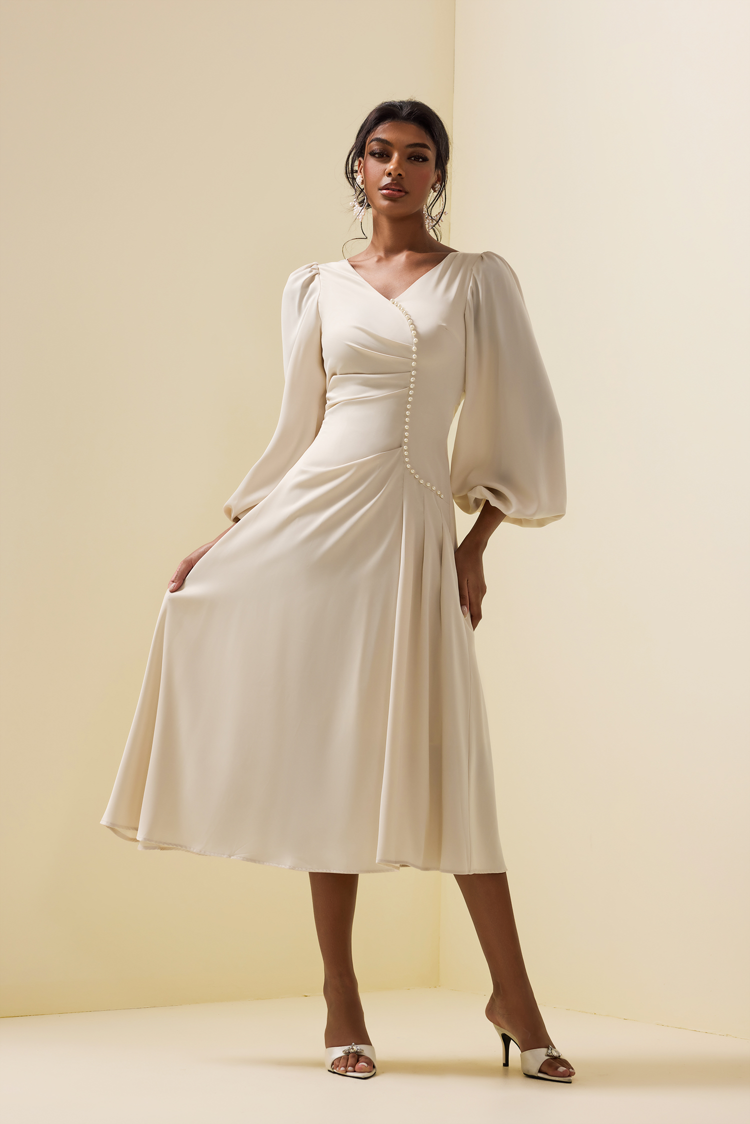 Faux Pearl Long Sleeve Midi Dress