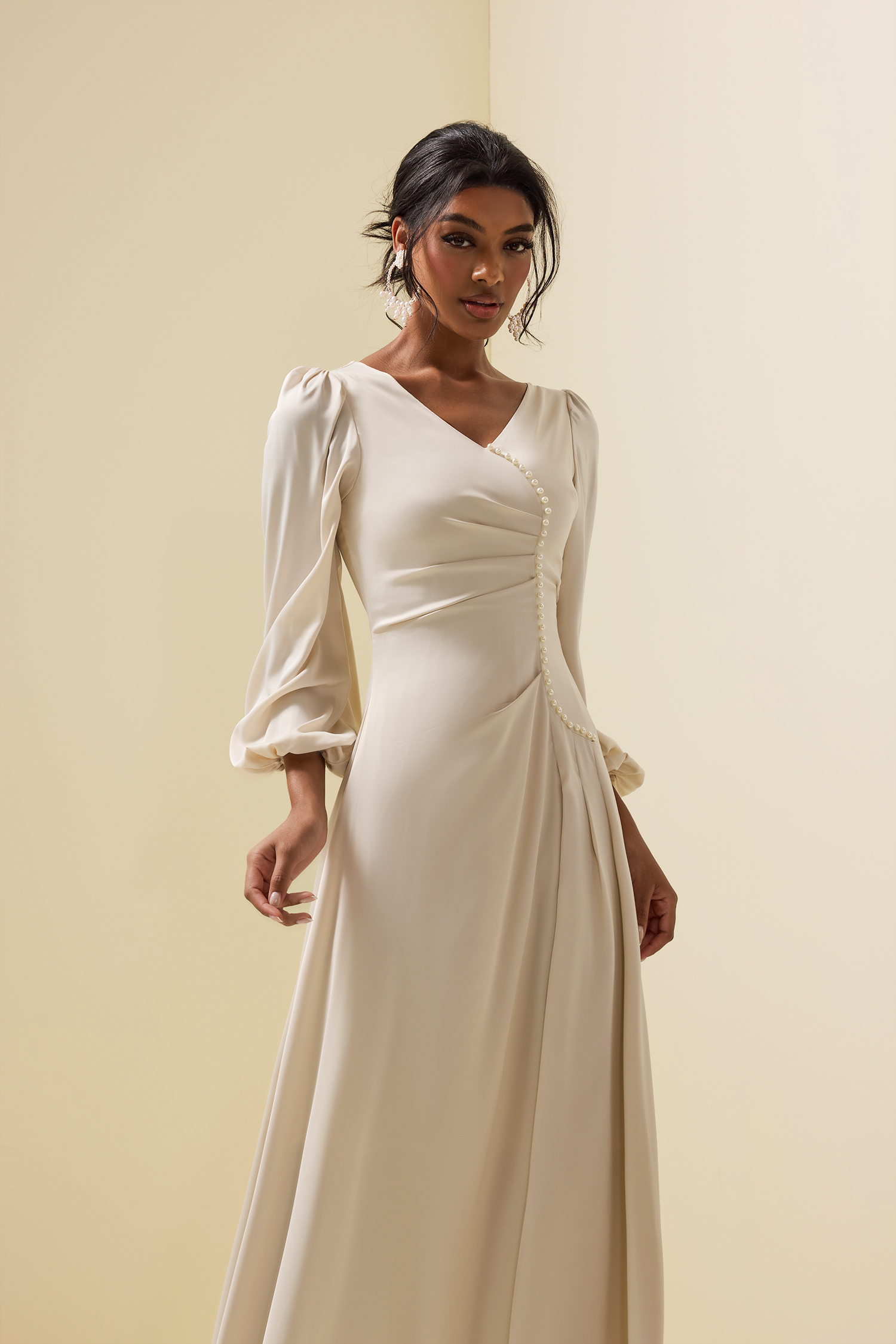 Faux Pearl Long Sleeve Midi Dress