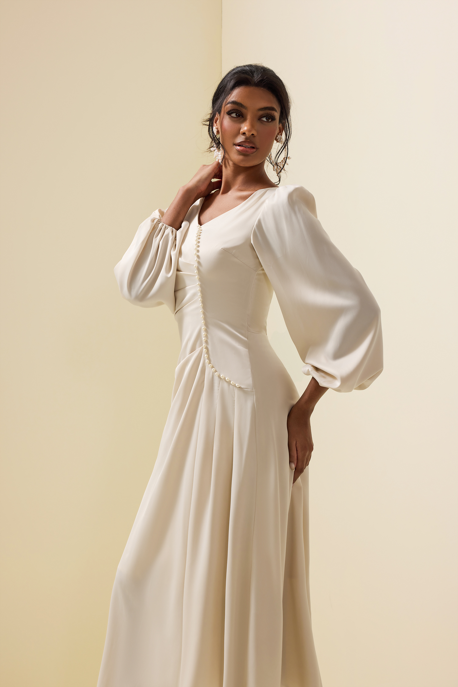 Faux Pearl Long Sleeve Midi Dress